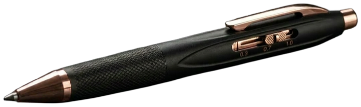 Senkō pen in black with copper accents and a tip-size slider